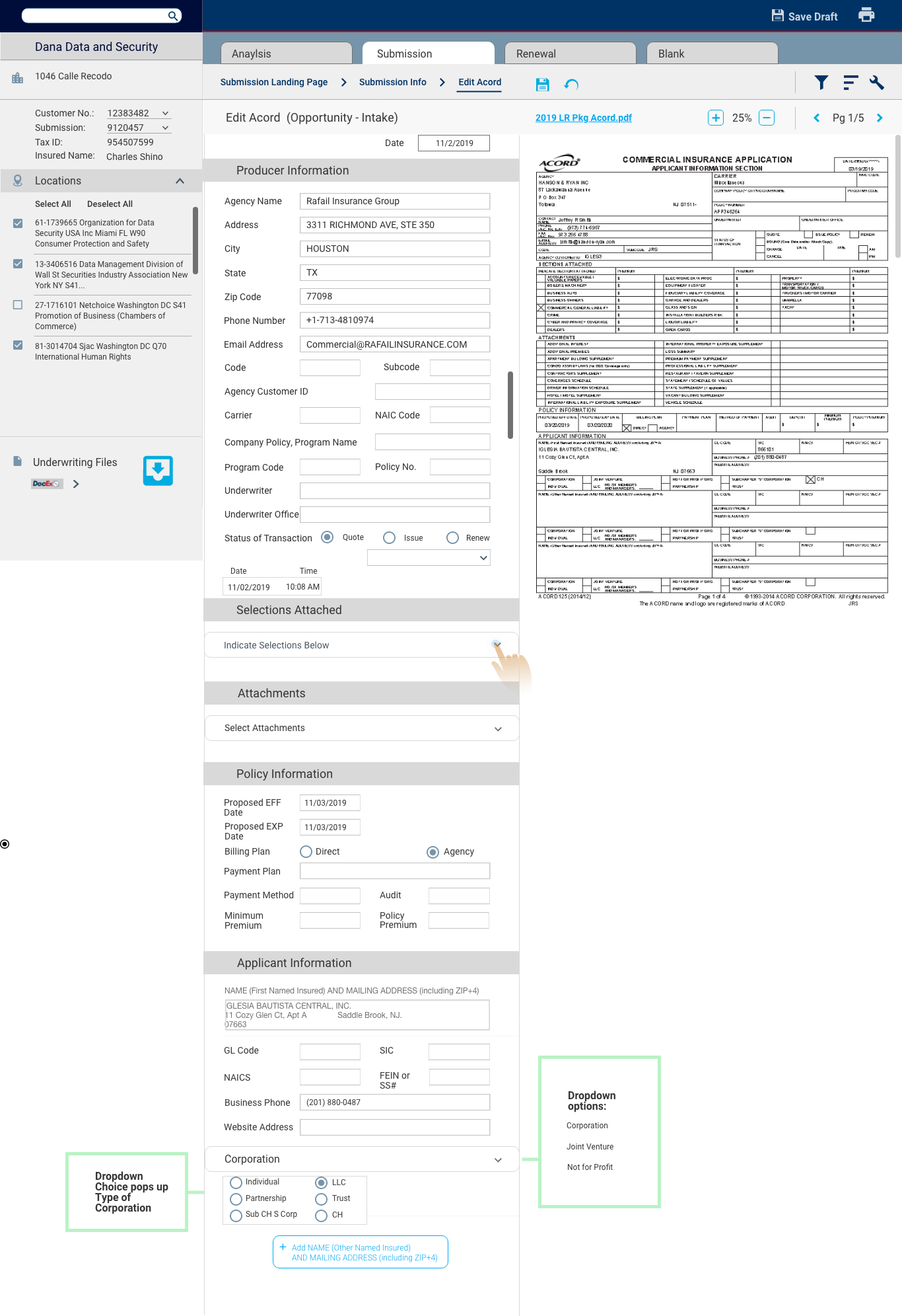 ACORD submission intake with side-by-side PDF viewer