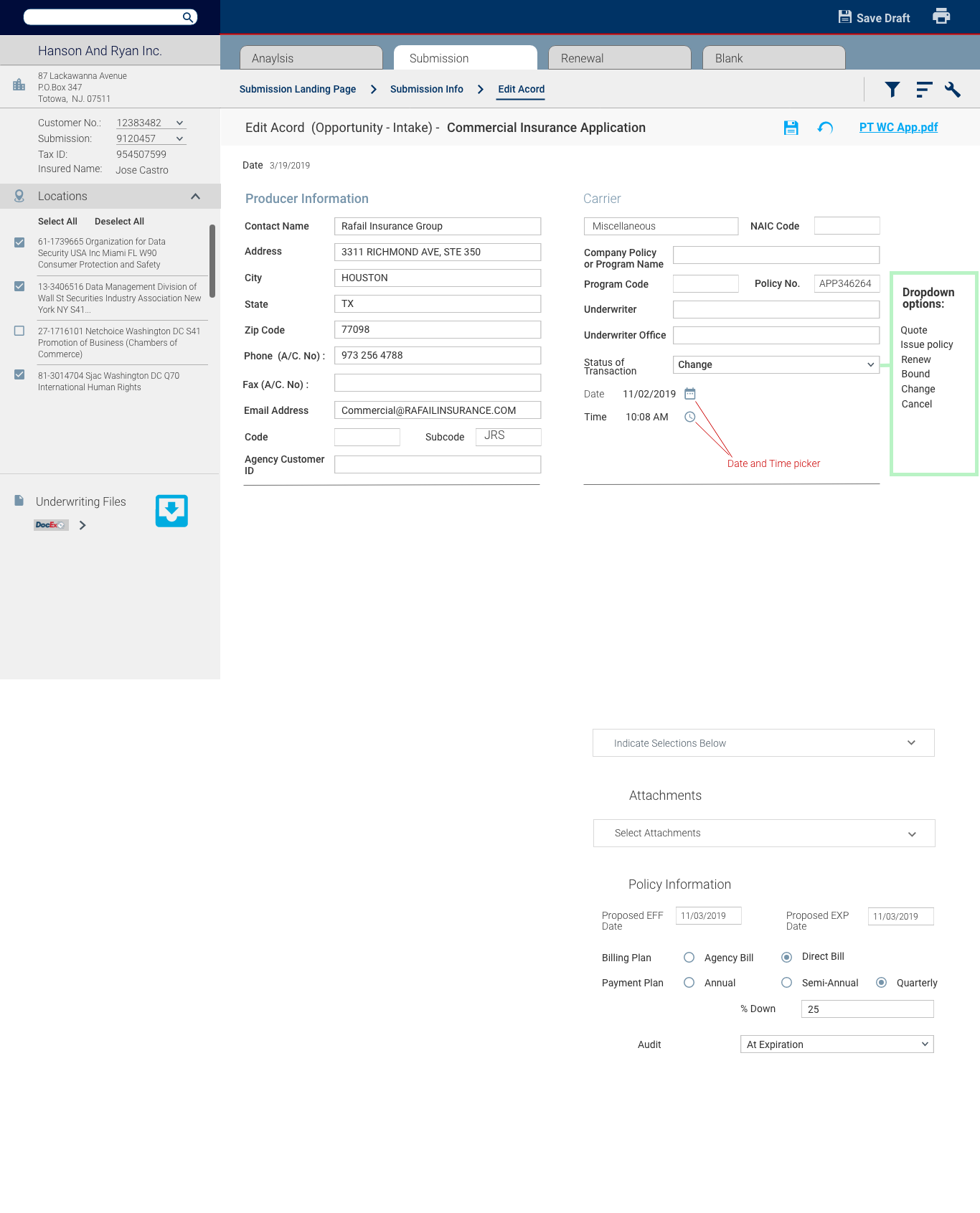 Edit ACORD submission with date and time picker